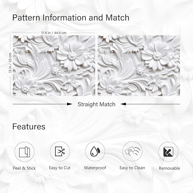 LACHEERY 3D Embossed Wallpaper White Floral Peel and Stick Wallpaper Modern Self Adhesive Removable Leaf Flower Contact Paper for Cabinets and Drawers Bedroom Living Room Wall Paper Roll 17.5"x80"