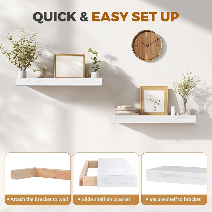 24x6.8x2 Inch Rustic Floating Shelves for Wall Set of 2 - White Solid Wood Wall Mounted Shelves with Invisible Bracket, Extended Design for Farmhouse Living Room Bedroom Kitchen Decor