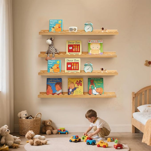 Nursery Book Shelves, Scalloped Floating Shelves Set of 2 Solid Pine Wood Wall Mounted Bookshelf with Wave Lip for Bedroom Kids, Toddler Room, Baby Room Natural 36inch