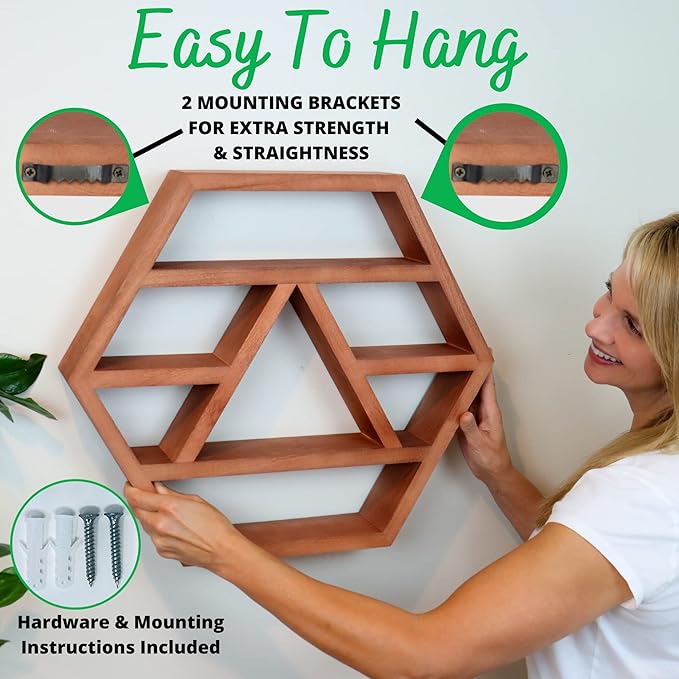 Hexagon Crystal Shelf Display - Large 21" Brown Geometric Altar Shelf for Crystals - Table or Hanging Wood Hexagon Floating Shelves -Boho Crystal Display Shelf & Essential Oils - Spiritual Decor Gifts