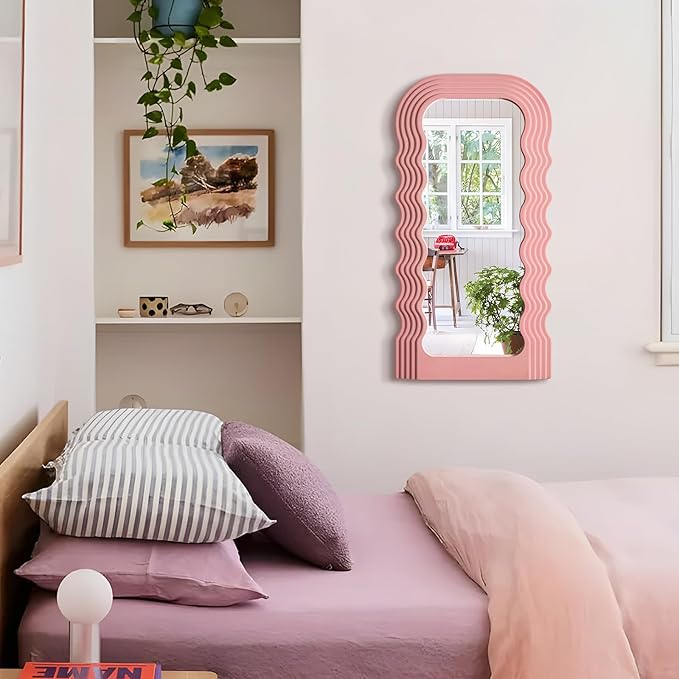 Wavy Mirror Wall Decor for Girly Bedroom, 14x28 Abstract Decorative Mirrors for Modern Apartment Nursery Room Decoration, Large Hanging Wall Art Above Dresser Desk Table Decor (Light Pink)