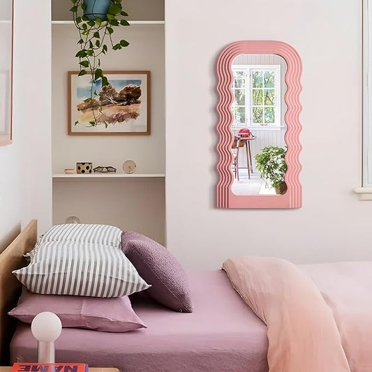Wavy Mirror Wall Decor for Girly Bedroom, 14x28 Abstract Decorative Mirrors for Modern Apartment Nursery Room Decoration, Large Hanging Wall Art Above Dresser Desk Table Decor (Light Pink)