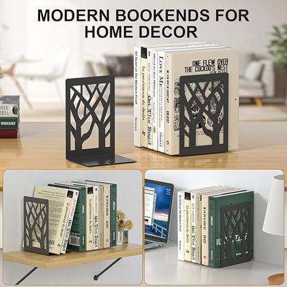 Bookends 4 Pieces, Tree Design Modern Metal Bookends for Shelves, Black Tree Book Ends Decorative Book Organizer for Desk, Decorative Shelve Book Stopper for Home Office