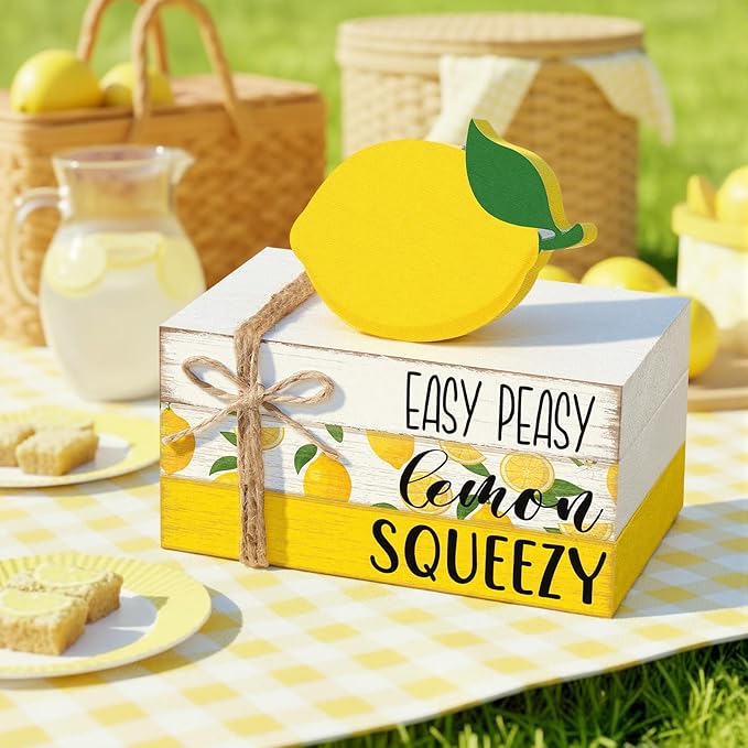 Geelin 4 Pcs Lemon Book Stack Decor, Wooden Faux Books for Home Table Centerpiece, Lemon-themed Kitchen Tiered Tray Decorations, Rustic Farmhouse Summer Lemon Decor for Living Room & Dining Table