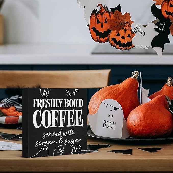 Funny Halloween Coffee Wooden Sign Spooky Boo Coffee Lover Decorations for Bar Home Kitchen Shelf