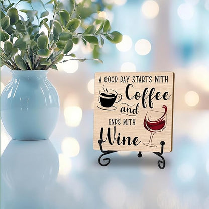 Coffee And Wine Desk Decor Sign, Rustic Wooden Sign With Stand, A Good Day Starts With Coffee And Ends With Wine Sign For Farmhouse Home Kitchen Bar Shelf Table, Gifts For Family Friends Coworker