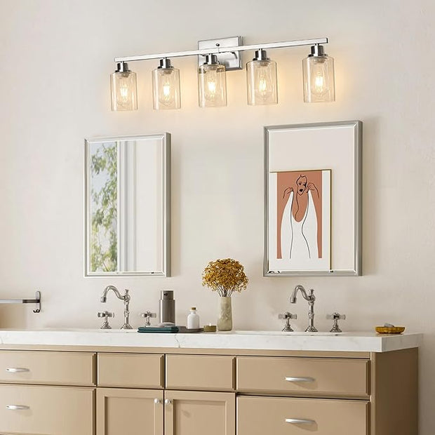 Ascher Bathroom Light Fixtures, 5-Light Vanity Lights with Clear Glass Shade, Modern Brushed Nickel Wall Light for Mirror Bedroom Hallway Cabinet Porch