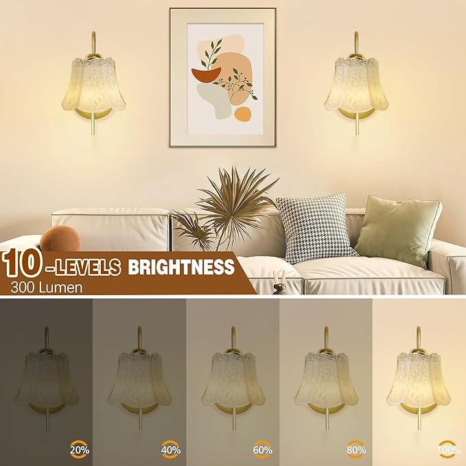 Vintage Battery Wall Sconce with Flower lampshade,Rechargeable Battery Powered Wall Lights,Wall lamp with 15 Colors for Bedroom Living Room Home Decor (milky white Rose, 2 Light Battery Operated)