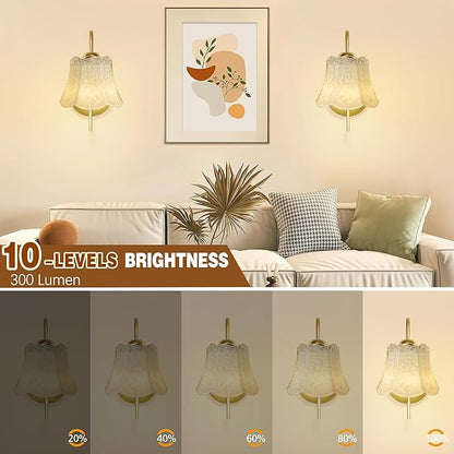 Vintage Battery Wall Sconce with Flower lampshade,Rechargeable Battery Powered Wall Lights,Wall lamp with 15 Colors for Bedroom Living Room Home Decor (milky white Rose, 2 Light Battery Operated)