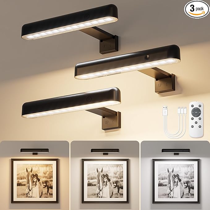 VOLISUN Picture Lights for Wall, Rechargeable Picture Light Battery Operated, 3 Color Temperatures Cordless Picture Light with Remote, Art Lighting for Paintings, Gallery, Portrait, 3 Pack (Black)