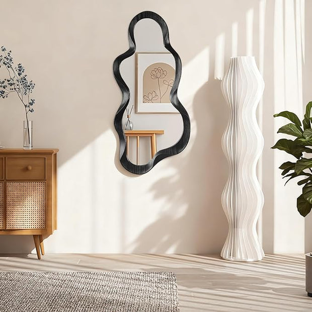 Asymmetrical Mirror Irregular Wall Mirror Modern Wood Frame Unique Mirrors Cute and Stylish Cloud Wavy Mirrors Decorative for Cloakroom Bedroom Living Room Bathroom Entryway 30"x14"