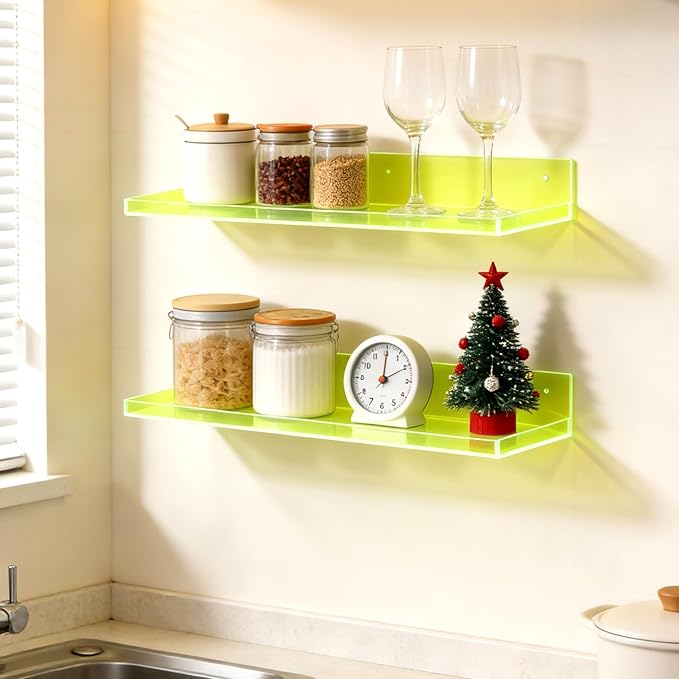 Floating Shelves for Wall Acrylic Wall Shelves for Bedroom Bathroom Living Room Kitchen 16.5X5.5'', Pack of 2, Neon Green