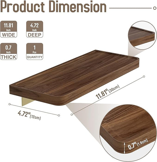 Danpoo 12 inch Floating Walnut wall Shelf, Small Wood Shelf for wall, Waterproof Wooden Shelf for Bathroom