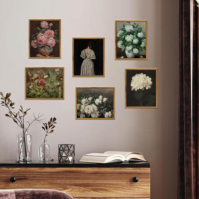 SHENIFY Vintage Flower Framed Canvas Wall Art Peony Classic Painting Modern Kitchen Bathroom Office Decor - 8x10in Natural Framed
