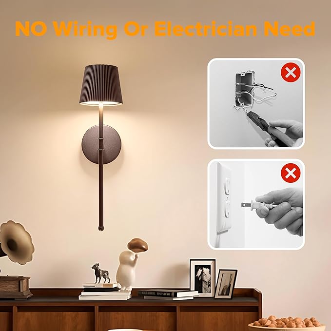 LUTEC Cordless Wall Sconces Set of 2, 5200mAh Wireless Rechargeable Battery Operated LED Wall Lamps, 3 Color Stepless Dimming Portables Lightings for Wall Painting/Living Room/Bedroom/Hallway Decor
