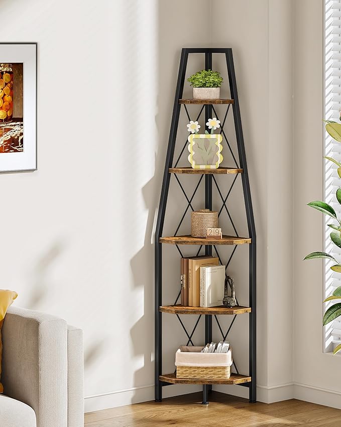 5-Tier Corner Shelf, Corner Bookshelf, Ladder Shelf, Floor Standing Storage Rack, Open Display Stand, Plant Stand, for Living Room, Bedroom, Study, Bathroom, Rustic Brown and Black TCJ22BF