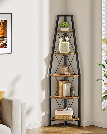 5-Tier Corner Shelf, Corner Bookshelf, Ladder Shelf, Floor Standing Storage Rack, Open Display Stand, Plant Stand, for Living Room, Bedroom, Study, Bathroom, Rustic Brown and Black TCJ22BF