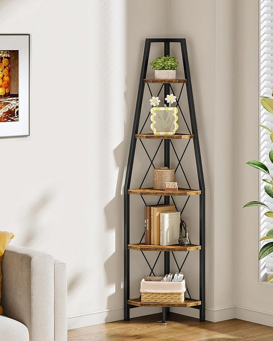 5-Tier Corner Shelf, Corner Bookshelf, Ladder Shelf, Floor Standing Storage Rack, Open Display Stand, Plant Stand, for Living Room, Bedroom, Study, Bathroom, Rustic Brown and Black TCJ22BF