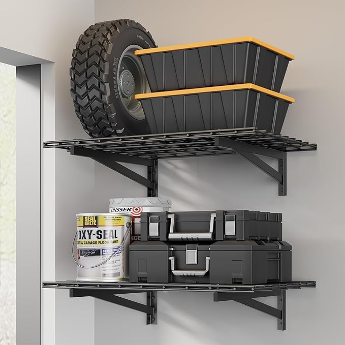2 Pack Heavy Duty Garage Wall Shelving Set (2x3ft), Wall Mounted Garage Shelves 700lbs Capacity, 24