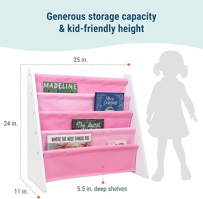 Wildkin Vegan Leather Sling Bookshelf for Kids – Premium Easy Clean Sling Canvas Design with 4 Fabric Shelves, Organizer for Home or Classroom - White w/Multi-Pink