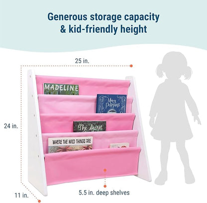 Wildkin Vegan Leather Sling Bookshelf for Kids – Premium Easy Clean Sling Canvas Design with 4 Fabric Shelves, Organizer for Home or Classroom - White w/Multi-Pink