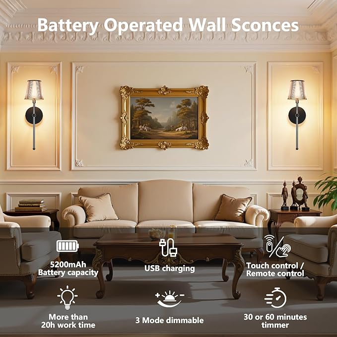 Kimjo Battery Operated Wall Sconce Set of 2, 5200mAh Rechargeable Wireless Wall Sconces Lights with Dimmable Timer Remote, Cordless Black Wall Light for Bedroom Living Room Hallway Decor