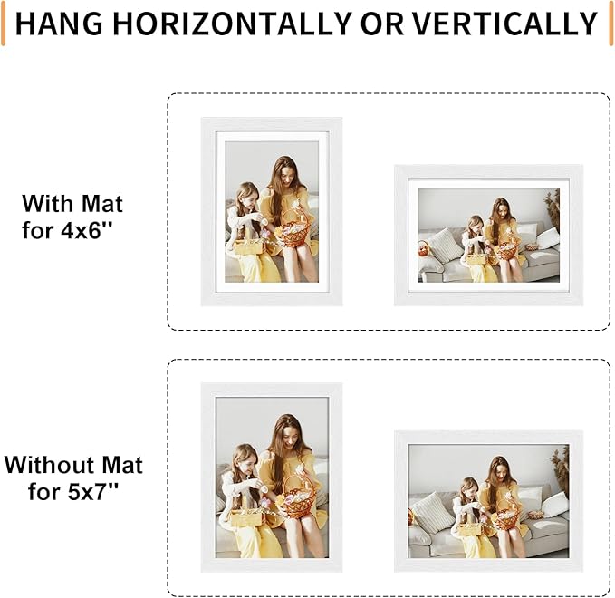5x7 Picture Frame Set of 4, Displays 4x6 with Mat or 5x7 Without Mat, Photo Frames for Wall Hanging or Tabletop, Includes HD Plexiglass, White
