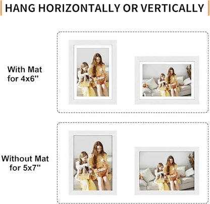 5x7 Picture Frame Set of 4, Displays 4x6 with Mat or 5x7 Without Mat, Photo Frames for Wall Hanging or Tabletop, Includes HD Plexiglass, White