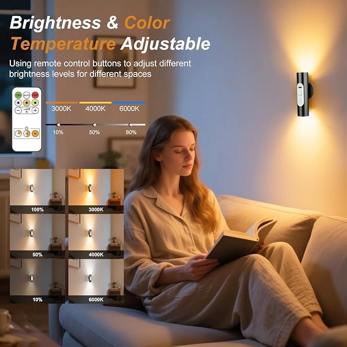 Battery Operated Wall Sconce Set of 2, Magnetic Stick on Wall Lights Rechargeable Motion Sensor Night Lights Indoor with Remote Control, Wireless Up and Down Wall Sconces, 3 Modes Dimmable, Aluminum