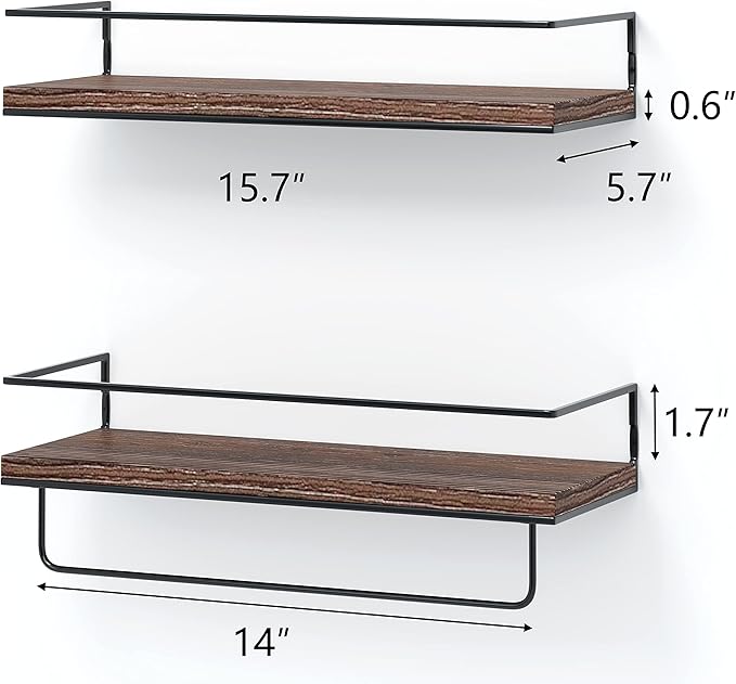 Shario Rustic Wood Floating Shelves - Set of 2, Wall Mounted Hanging Shelves with Black Towel Rack, Decorative Storage Shelves for Bathroom, Kitchen, Living Room & Bedroom (Dark Carbonized Brown)