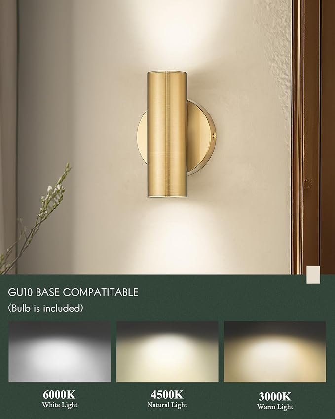 2-Light Wall Light, Brass Gold Wall Sconce, Indoor Up and Down Wall Lamp with Cover for Bedroom Bathroom Stair Entryway, Update WL4830-2W-BB-B