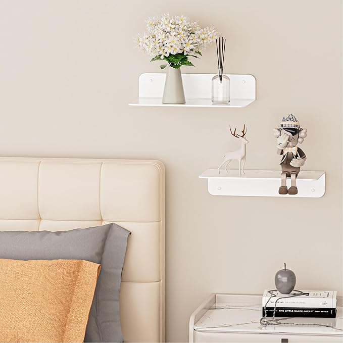 Small Floating Shelves, 9" Adhesive Wall Shelf with Cable Hole, No Drilling, Metal Display Ledges for Living Room, Bedroom, Bathroom (Glossy White, 2 Pack)