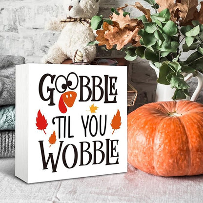 Rustic Autumn Wood Box Sign, Lovely Fall Decor, Autumn Leaves Decor, Home Family Decoration for Table Desk Shelf, Gobble Til You Wobble Sign Wooden Plaque 5 * 5inch