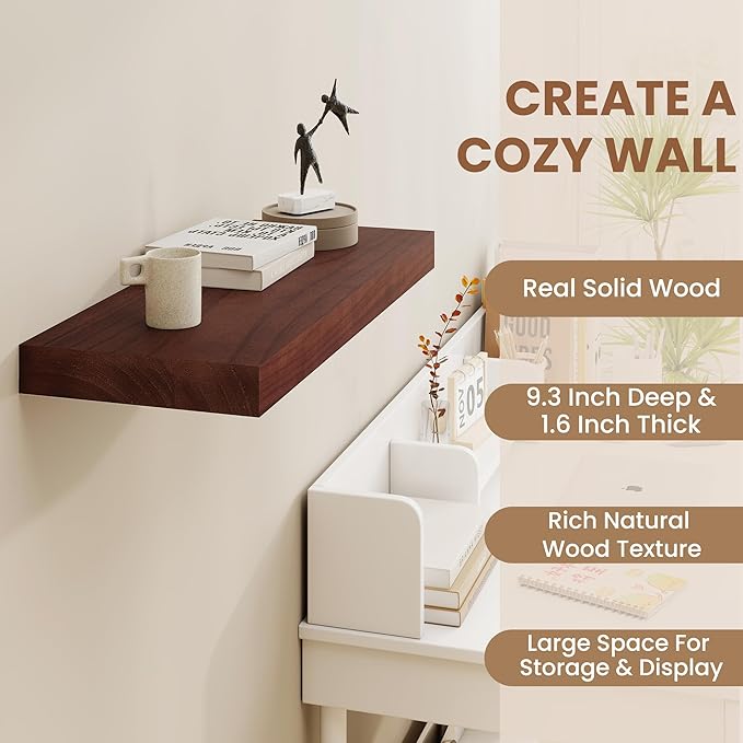 Floating Shelves, 9.3 Inch Deep Floating Shelves for Wall, Solid Wood Shelves 24 Inch Long, Deep Wall Shelves for Living Room, Bathroom, Kitchen, 24