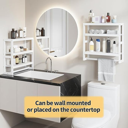 Bathroom Shelves with Hanging Bar Over Toilet Storage - Adjustable Wall Organizer (White)