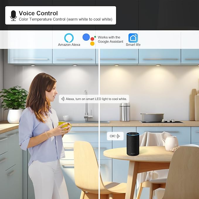 6pack LED Puck Light Kit, 2700-6000K Smart Round Under Cabinet Lighting with APP Control, Compatible with Alexa, Google Assistant, for Under Counter, Kitchen (Silver)