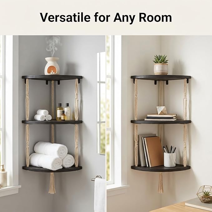 3-Tier Corner Floating Shelves with Aesthetic Greenery & Fairy Lights - Premium Wood-Textured Boho Wall Hanging Shelf - Stable L-Bracket Support for Home Decor, Office & Small Spaces