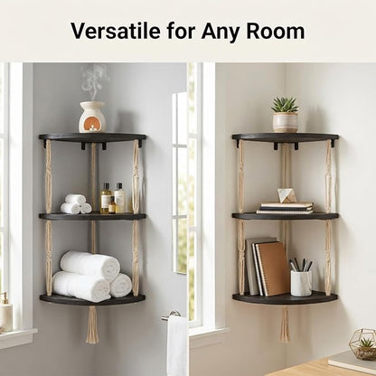 3-Tier Corner Floating Shelves with Aesthetic Greenery & Fairy Lights - Premium Wood-Textured Boho Wall Hanging Shelf - Stable L-Bracket Support for Home Decor, Office & Small Spaces