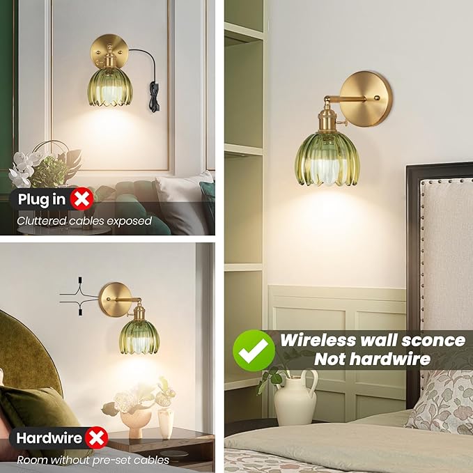 Vintage Wall Sconce Set of Two, Battery Operated Wall Sconce with Deep Green Tulip Glass Lampshade Rechargeable Wall Light with Remote Control for Bedroom,Living Room, Hallway, Aisle