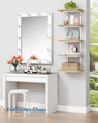 White and Natural Tiered Wall Shelf Unit, 5 Tier Display Floating Shelves, Deep Hanging Wall Shelving Unit for Living Room Plants TV, Bedroom Books, Office Décor (White and Natural Wood)