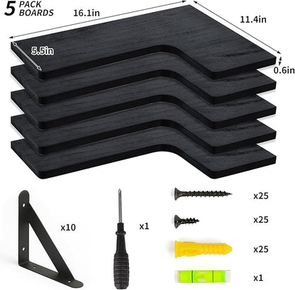 Fixwal Corner Shelves Floating Shelves for Wall Bathroom Kitchen Bedroom Home Decor Laundry Room Living Room Set of 5 (Black)