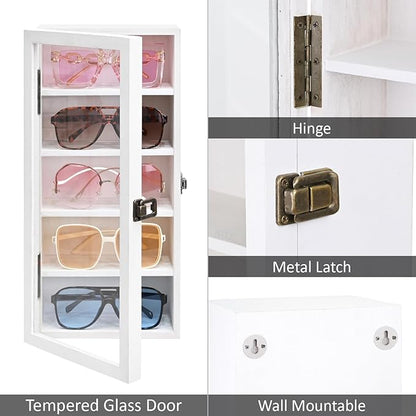 Ikee Design Wall Mounted Wooden Collectible Shadow Box Display Case 5 Shelf Display Shot Glass Storage Accessories with Tempered Glass Door, Wash White Color