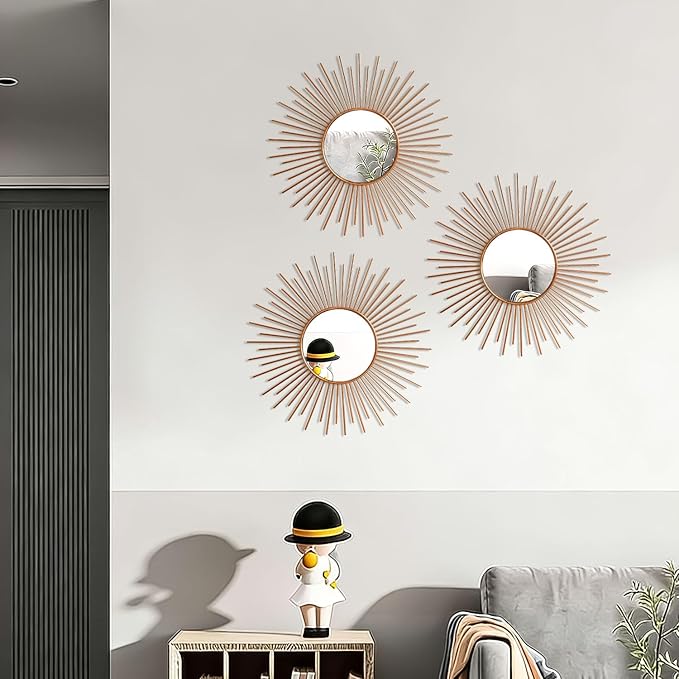 3 Pack Metal Mirrors for Wall Sunburst Wall Mirrors Home Décor Decorative Hanging Wall Art for Living Room Bedroom Entryway (Rose Gold2, Sunburst)