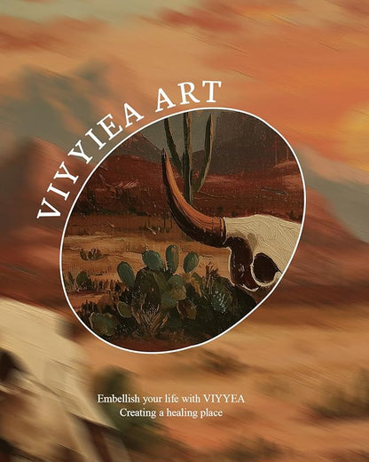 VIYYIEA Gold Small Framed Canvas Art, Vintage Western Desert Landscape Art Prints,12x16Inch, Retro Southwest Cowboy Bull Skull Decor for Home Bedroom Living Room Office Shelf, Cozy Brown Decor