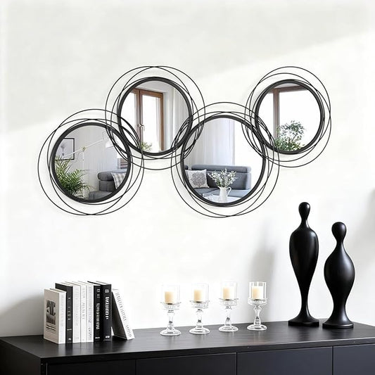 Round Decorative Wall Mirror, Black 4 Pcs Circle Modern Mirror Wall Art Ring Metal Mirrors Wall Mounted for Living Room Bedroom Entryway Dining Room Hallway 16x32 Inch