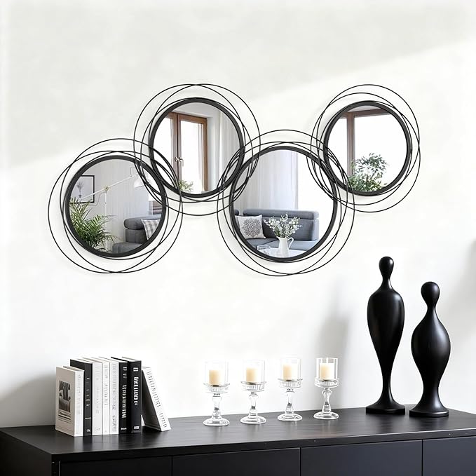 Round Decorative Wall Mirror, Black 4 Pcs Circle Modern Mirror Wall Art Ring Metal Mirrors Wall Mounted for Living Room Bedroom Entryway Dining Room Hallway 16x32 Inch