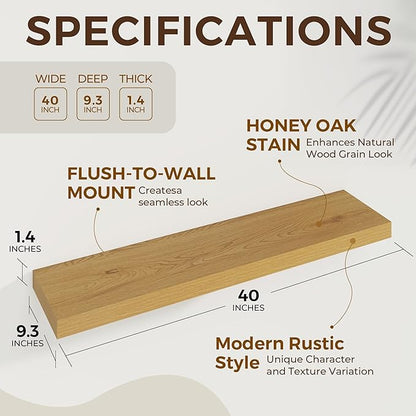 Dreamland 40 Inches Floating Shelves for Wall, 9.3 Inch Deep Floating Shelves Set of 2, Large Display & Storage Shelf, Wall Shelf for Bathroom Bedroom Living Room Kitchen Office,Oak