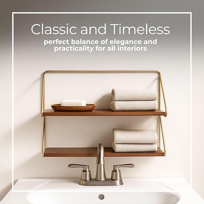 Wood Floating Shelf for Wall – 2-Tier Floating Shelves with Iron Frame, Home Decor Shelf for Bedroom – Modern Wall Shelves for Living Room & Bathroom – 20