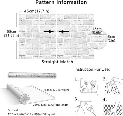 Cohoo Home Brick Wallpaper Peel and Stick Contact Paper 787inL 18inW Faux 3D Brick Contact Paper for Wall White Gray Self Adhesive Removable Wallpaper Backsplash Bedroom Wall Sticky Waterproof Thick