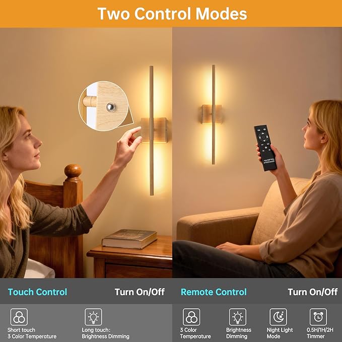 Battery Operated Wall Sconce Set of 2, 8000mAh Rechargeable Wall Sconces, 3000K-6000K Dimmable, 350°Rotate, Indoor Wall Lights for Bedroom Living Room, Original Wood, 23.6 Inch